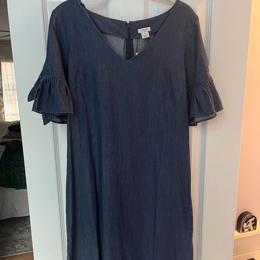 J. Crew Navy Long-short Sleeve Dress with Ruffle Detail